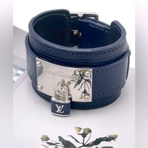 Louis Vuitton Navy Indigo Wide Leather Bracelet palladium Silver 17 epi infinity